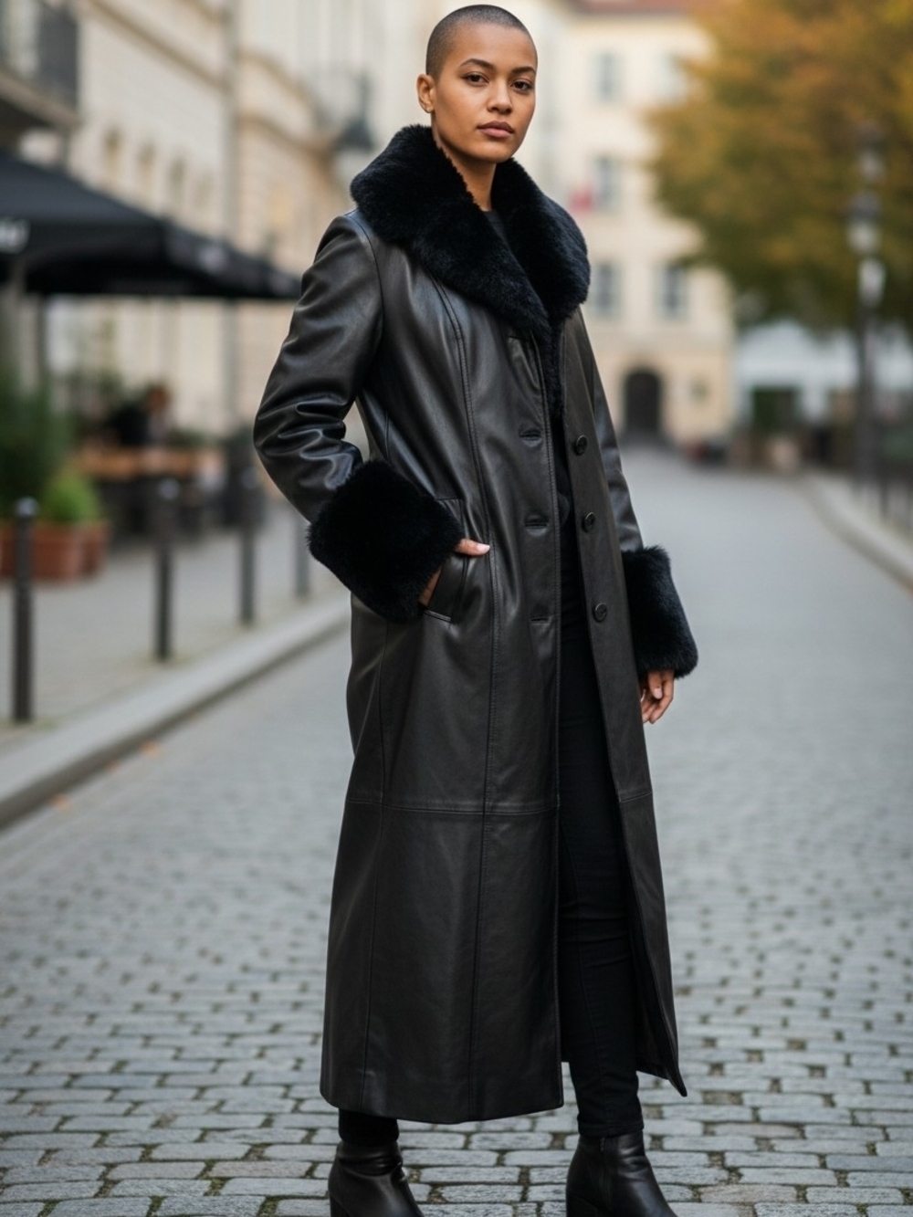 Missguided Tall Black Faux Leather Long Faux Fur Trim Maxi Trench Oversized (4)